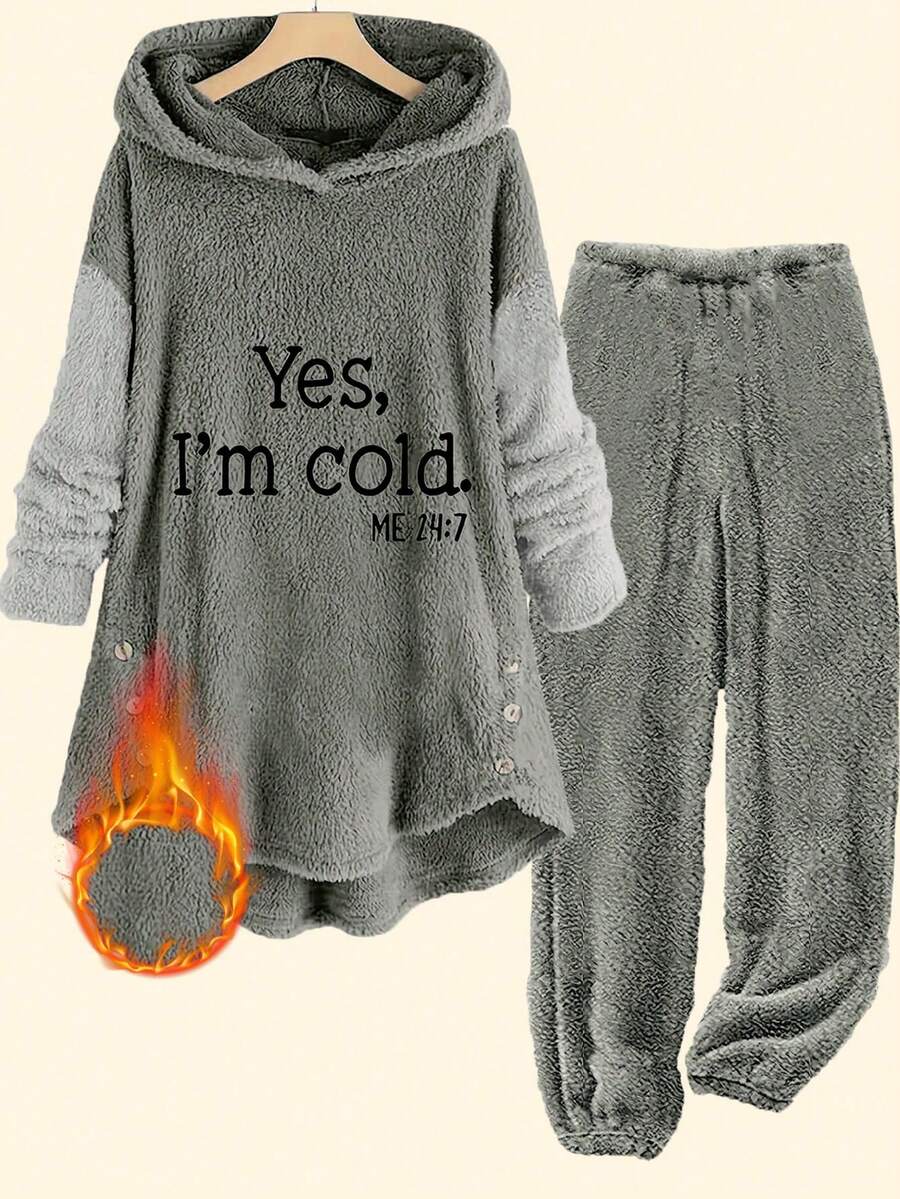 Women's Slogan Print Drop Shoulder Long Sleeve Fluffy Hoodie And Pants Loose Suit, Autumn/Winter