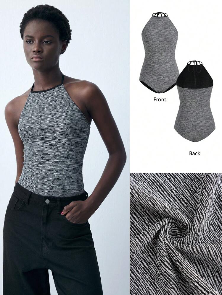 SHEIN Maija 여성용 타이백 올오버 프린트 캐주얼 바디수트