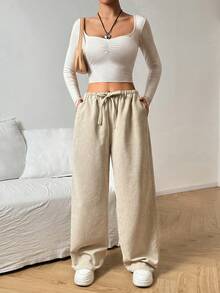 Muchica Women's Solid Color Waist Tie Loose Corduroy Wide Leg Pants - Apricot - View 6