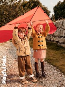SHEIN 1pc Young Boy Cute Retro Casual Bear Print Long Sleeve Straight Cut Mid-Length Thermal Lined Hooded Padded Coat,Home & Outdoor,Spring/Autumn/Winter - Apricot - View 3