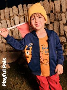 SHEIN 1 Peça Jaqueta com Capuz de Manga Longa, Estampa de Tigre Fofa/Retrô/Casual para Meninos, Adequada para Uso Interno e Externo, Primavera/Outono/Inverno