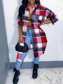 SHEIN Damska kurtka typu oversize w kratę, o regularnym kroju - Czerwony - Zobacz 4