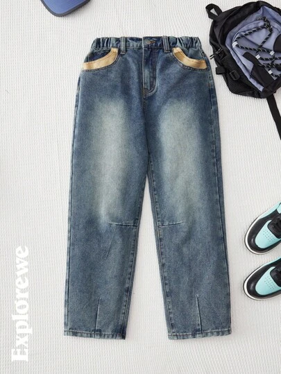 SHEIN Tween Girl Contrast Color Pocketed Straight Leg Casual Jeans