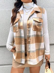 Calvaya Chaleco de moda encantador de talla grande con bolsillo, sin mangas y con botones de solapa a cuadros