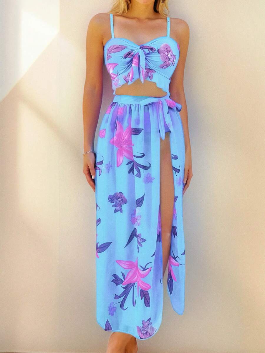 SHEIN Swim 3 pièces Ensemble de maillot de bain avec garniture plissée, sans doublure requise - Bleu azur - Voir 1