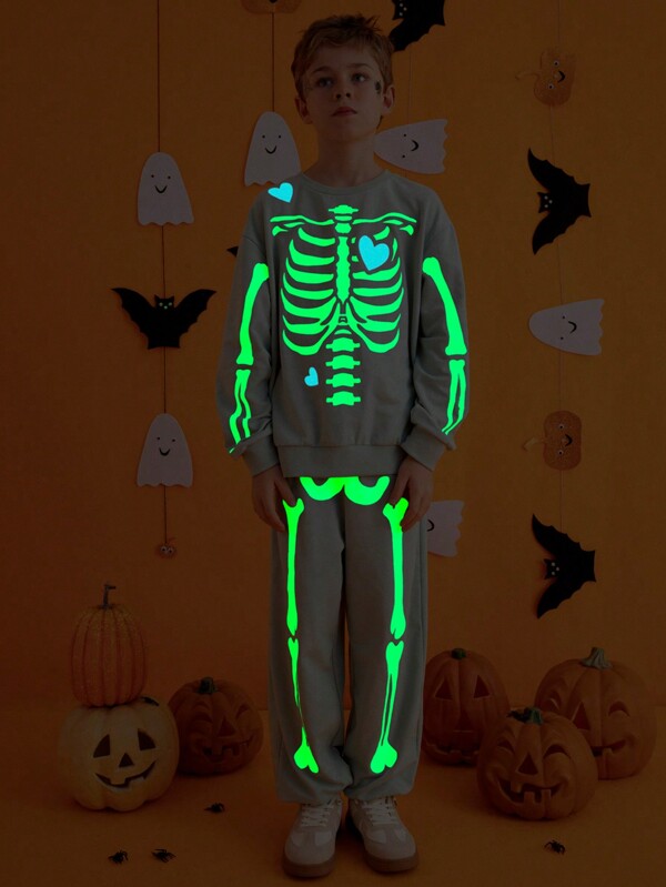 THE HAPPY LOOK 2pcs Pre-Teen Boys' Glow-In-The-Dark Skeleton Print Green Knit Crew Neck Sweatshirt And Pants Casual Daily Halloween Outfit