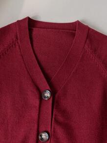 SHEIN Tween 女童休闲纽扣前插肩袖开衫毛衣，秋冬款 - 酒紅色 - 查看 9