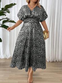 SHEIN Unity Plus Size V-Neck Leopard Print Short Sleeve Dress - Multicolor - View 4