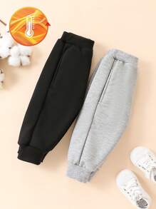 2pcs/Pack Baby Boy Thickened Thermal Lined Casual Pants With Cute Bear Animal Embroidery, Winter - Multicolor - View 2