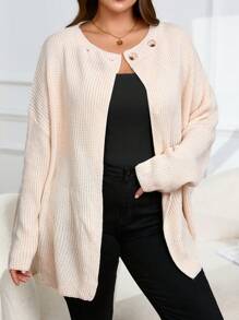 SHEIN LUNE 大码纯色圆领休闲开衩下摆长袖开衫