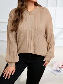 Plus Size Casual Solid Color Drop Shoulder Sweater, Autumn/Winter Knit Pullover Fall - Khaki - View 7