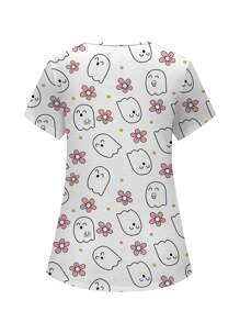 PopScrub Cute Cartoon Ghost Uniform Scrub Top - White - View 2
