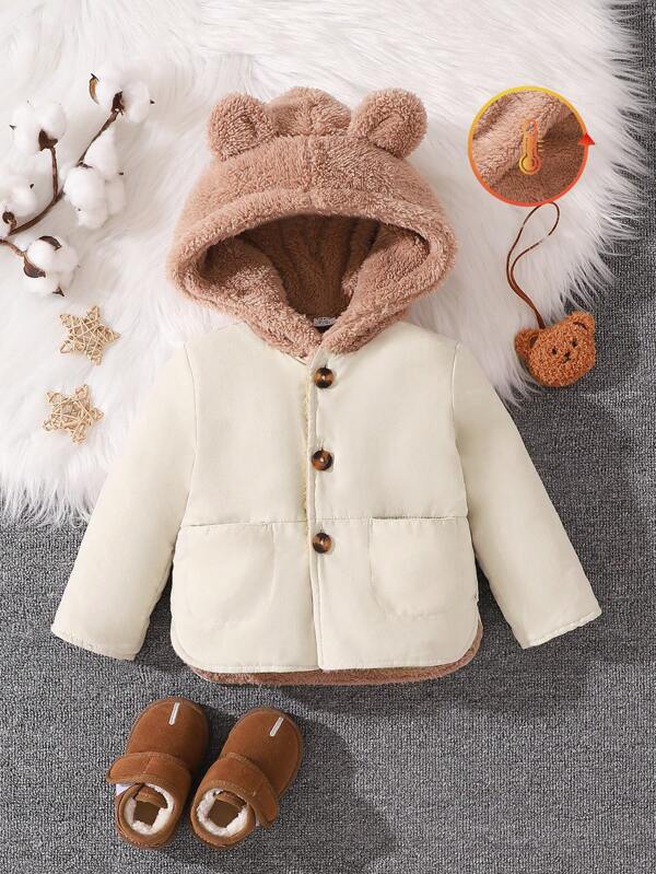 Baby  Boys Cute Contrast Fuzzy Bear Ear Patched Hooded Warm Jacket, Winter Clothes