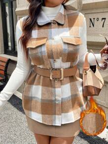 Calvaya Chaleco de moda encantador de talla grande con bolsillo, sin mangas y con botones de solapa a cuadros