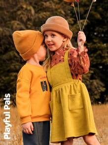 SHEIN 2 件年轻女孩可爱/复古/休闲小狗全身印花长袖衬衫和吊带裙 2 件套，适合室内和室外，春/秋/冬