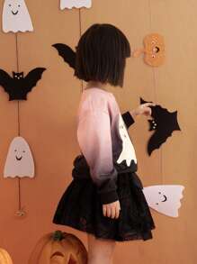 SHEIN 小女孩的夜光幽灵印花渐变粉色针织圆领长袖运动衫，万圣节