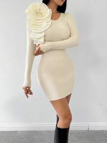 Chiquease 3D Flower Decor Form-Fitting Knitted Sweater Dress For Women - Apricot - View 6