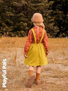 SHEIN 2 件年轻女孩可爱/复古/休闲小狗全身印花长袖衬衫和吊带裙 2 件套，适合室内和室外，春/秋/冬