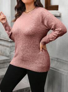 Calvaya Plus Size Casual Mixed Fabric Round Neck Sweater, Fall/Winter Knit Pullover - Pink - View 4