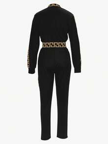 女士街头风字母印花长袖拉链外套和裤子休闲套装，适合秋季和春季穿着，优雅时尚。 - 咖啡棕 - 查看 5