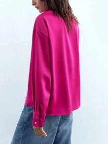 Maija Blusas básicas sueltas de manga larga con botones, moda casual para mujer - Rosa Fucsia - Ver 4