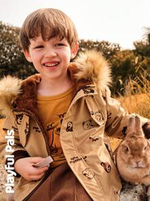 SHEIN 1pc Young Boy Cute Retro Casual Bear Print Long Sleeve Straight Cut Mid-Length Thermal Lined Hooded Padded Coat,Home & Outdoor,Spring/Autumn/Winter - Apricot - View 16
