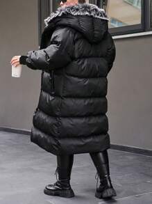 RueChic 大码女式黑色冬季大衣 毛领 罗纹袖口 - 黑色 - 查看 2