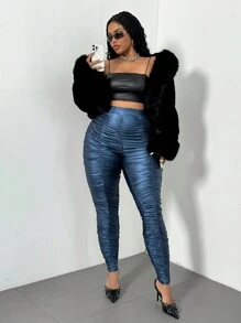 Maweii Plus Size Women High Waist Pleated Solid Color Leggings Fall Cloth For Women - Blue - View 4
