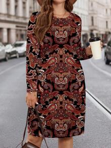 EMERY ROSE 休闲复古图案宽松圆领中长袖女式迷你连衣裙，适合夏季