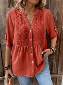 EMERY ROSE Plus Size V-Neck Color Block Lace Sleeve Button-Down Casual Blouse Suitable For Outdoor, Vacation