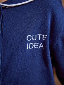 SHEIN 年轻女孩海军蓝长袖水手领字母刺绣开衫，秋冬 - 藏蓝色 - 查看 5