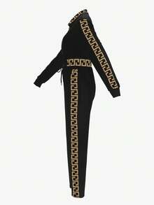 女士街头风字母印花长袖拉链外套和裤子休闲套装，适合秋季和春季穿着，优雅时尚。 - 咖啡棕 - 查看 7