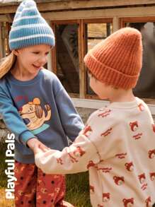 SHEIN 2 pièces Ensemble de jeune garçon mignon/vintage/décontracté avec imprimé ours, manches longues, col rond, convient pour la maison et les jeux en extérieur, printemps/automne/hiver