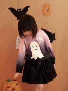 SHEIN 小女孩的夜光幽灵印花渐变粉色针织圆领长袖运动衫，万圣节