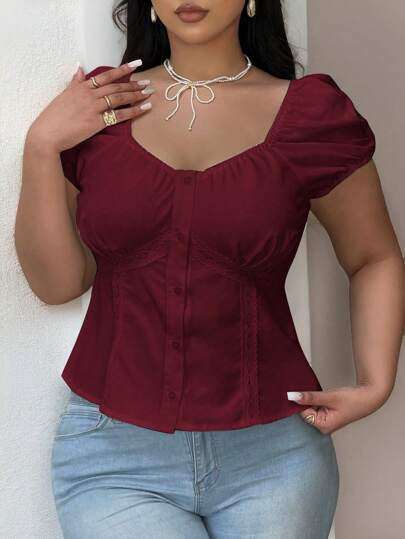 Vibekara Plus Size Summer Casual Puff Sleeve Sweetheart Neck Button Front Shirt