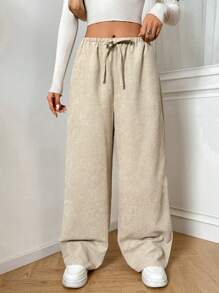 Muchica Women's Solid Color Waist Tie Loose Corduroy Wide Leg Pants - Apricot - View 4
