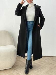 SHEIN Gruby, długi płaszcz z kapturem, kieszeniami i guzikami