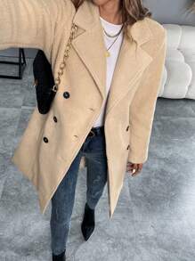 Chiquease Damen Einfarbiger Flauschiger Mantel mit Doppelreihe und langen Ärmeln, Herbst/Winter