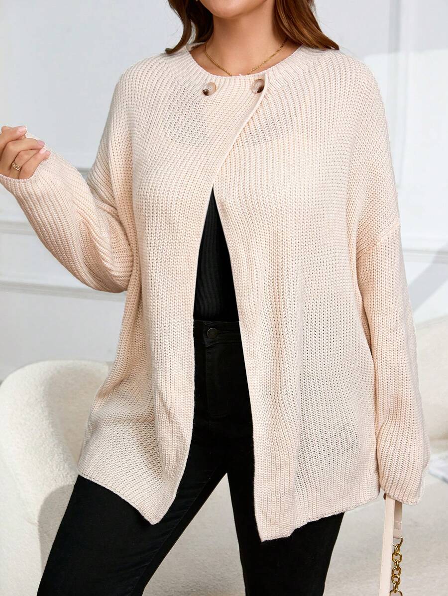 SHEIN LUNE 大码纯色圆领休闲开衩下摆长袖开衫