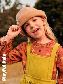 SHEIN 2 件年轻女孩可爱/复古/休闲小狗全身印花长袖衬衫和吊带裙 2 件套，适合室内和室外，春/秋/冬