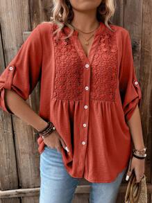 EMERY ROSE Plus Size V-Neck Color Block Lace Sleeve Button-Down Casual Blouse Suitable For Outdoor, Vacation