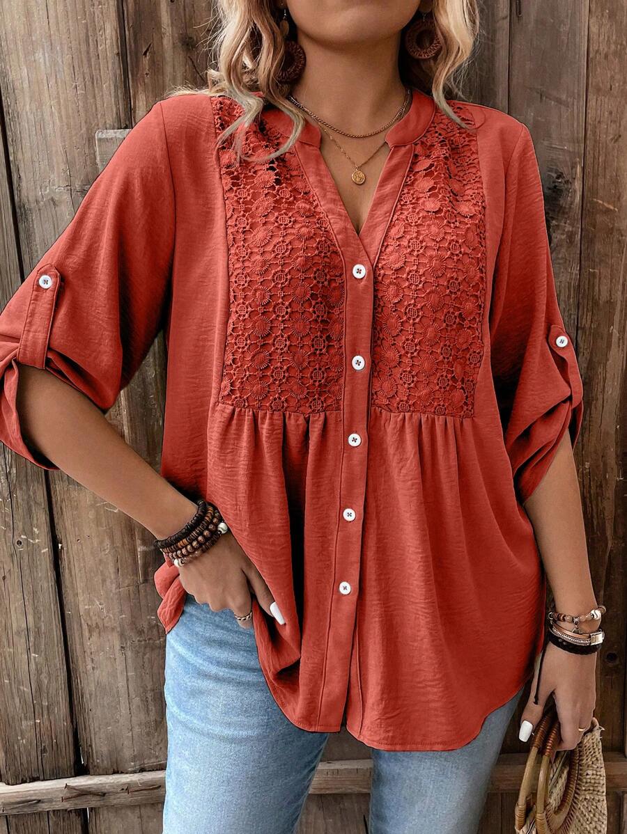 EMERY ROSE Plus Size V-Neck Color Block Lace Sleeve Button-Down Casual Blouse Suitable For Outdoor, Vacation