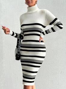 EURMUSE Striped Pattern Turtleneck Sweater Dress - Multicolor - View 4