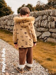 SHEIN 1pc Young Boy Cute Retro Casual Bear Print Long Sleeve Straight Cut Mid-Length Thermal Lined Hooded Padded Coat,Home & Outdoor,Spring/Autumn/Winter - Apricot - View 2