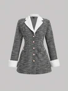 SHEIN MOD Áo khoác Blazer dài dự tiệc phong cách cung điện cổ điển cỡ lớn đính nút ngọc trai giả - màu đen - Xem 1