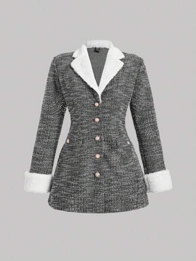 SHEIN MOD Plus Size Vintage Palace Style Sweet Fluffy Collar Faux Pearl Button Splice Fitted Party Date Long Blazer