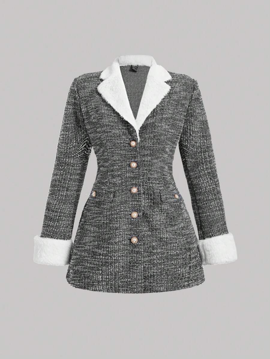 SHEIN MOD Áo khoác Blazer dài dự tiệc phong cách cung điện cổ điển cỡ lớn đính nút ngọc trai giả - màu đen - Xem 1
