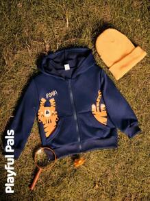 SHEIN 1 Peça Jaqueta com Capuz de Manga Longa, Estampa de Tigre Fofa/Retrô/Casual para Meninos, Adequada para Uso Interno e Externo, Primavera/Outono/Inverno