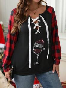 SHEIN LUNE 大码格子印花拼布长袖 T 恤搭配圣诞帽和酒杯图案，秋季休闲装 - 黑色 - 查看 1