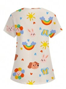 PopScrub Cartoon Print Short Sleeve Uniform Scrub Top